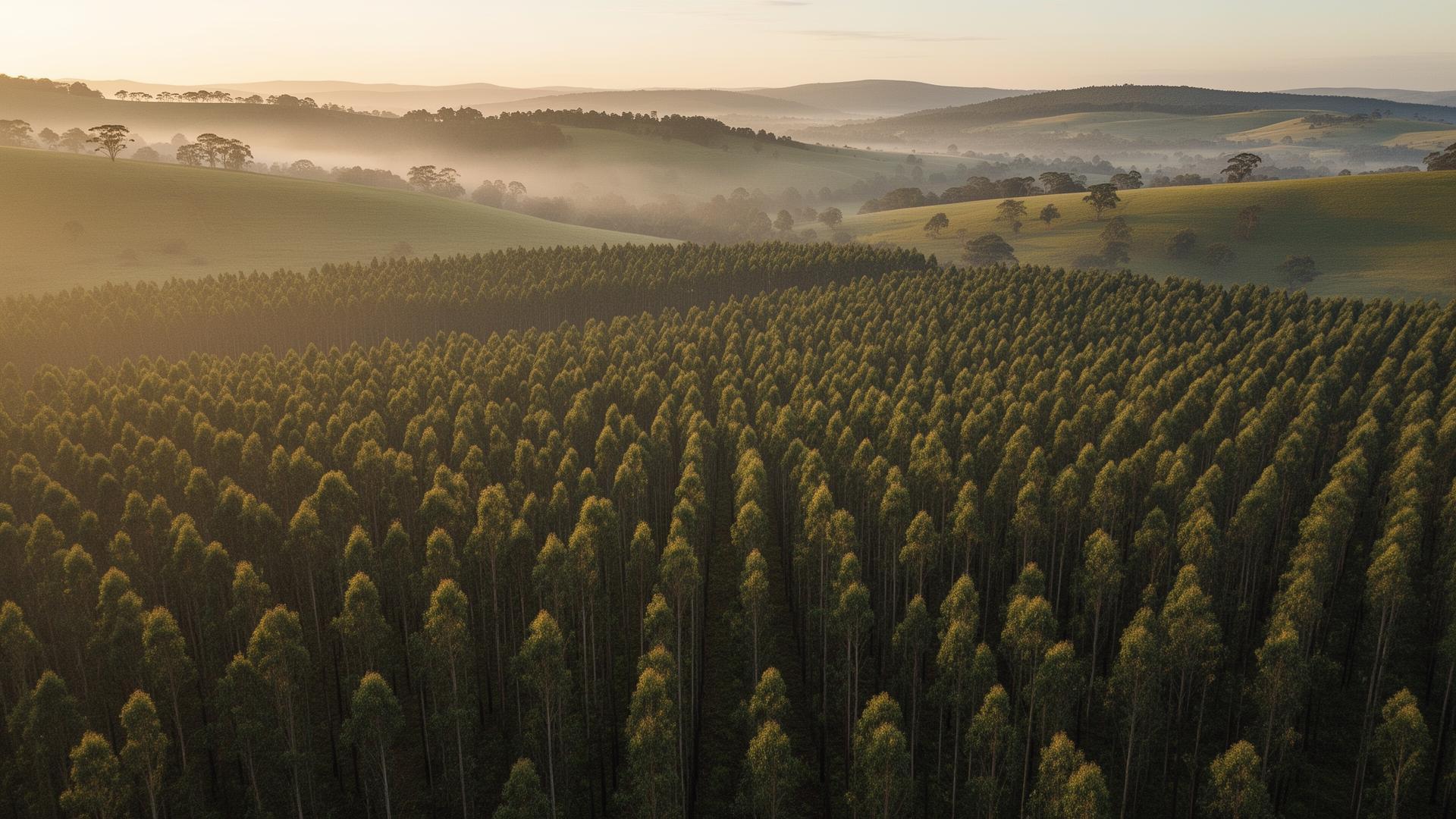 Plantación forestal en Uruguay al amanecer